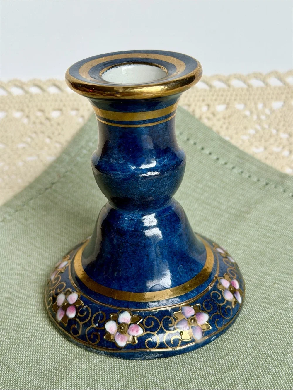 Vintage Blue Cloisonné Style Porcelain Candlestick Holder Gold Floral Decor